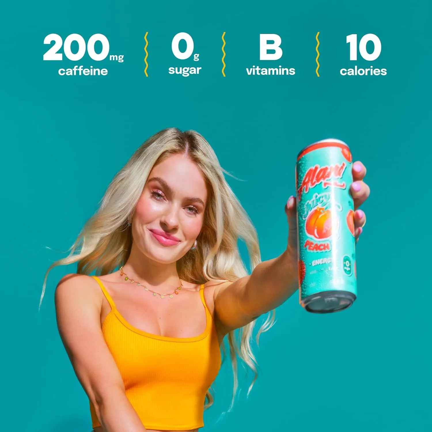 Alani Nu JUICY PEACH Sugar Free, Low Calorie Energy Drinks | 200mg Caffeine | Biotin B Vitamins | Zero Sugar | 10 Calories | 12 Fl Oz Cans | 12 Pack