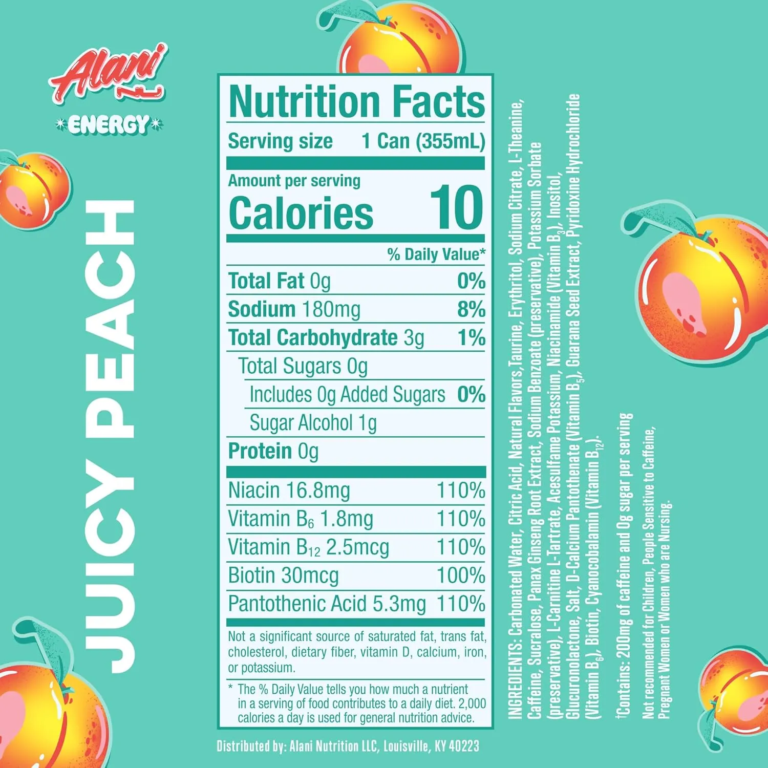 Alani Nu JUICY PEACH Sugar Free, Low Calorie Energy Drinks | 200mg Caffeine | Biotin B Vitamins | Zero Sugar | 10 Calories | 12 Fl Oz Cans | 12 Pack