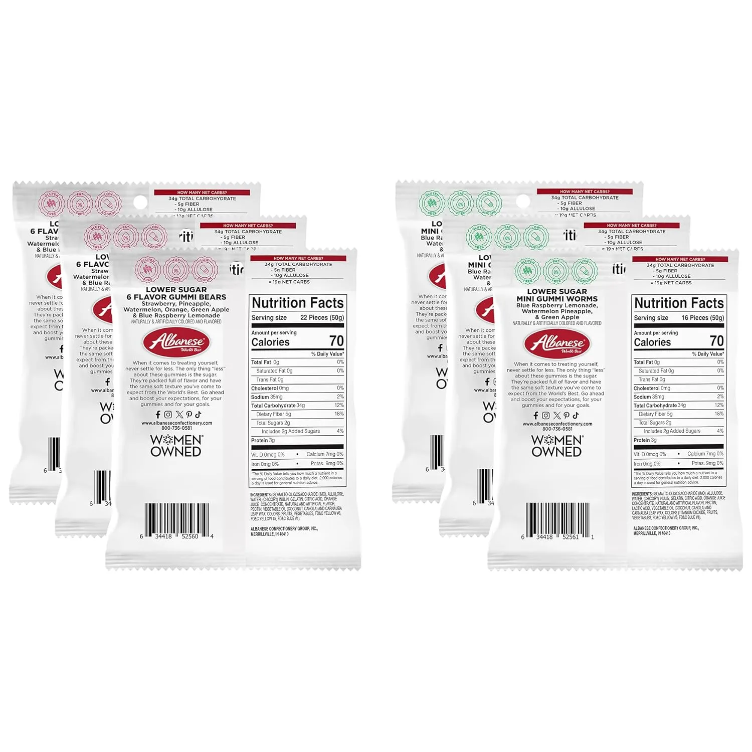 Albanese World's Best Lower Sugar Gummies Variety Pack, 1.76oz Bag of Candy (Pack of 6)