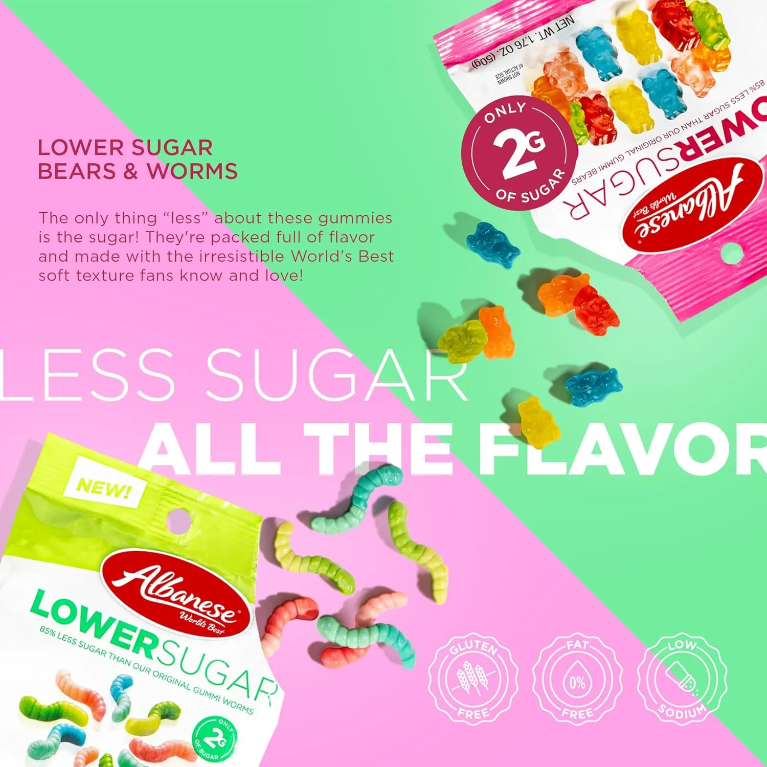 Albanese World's Best Lower Sugar Gummies Variety Pack, 1.76oz Bag of Candy (Pack of 6)
