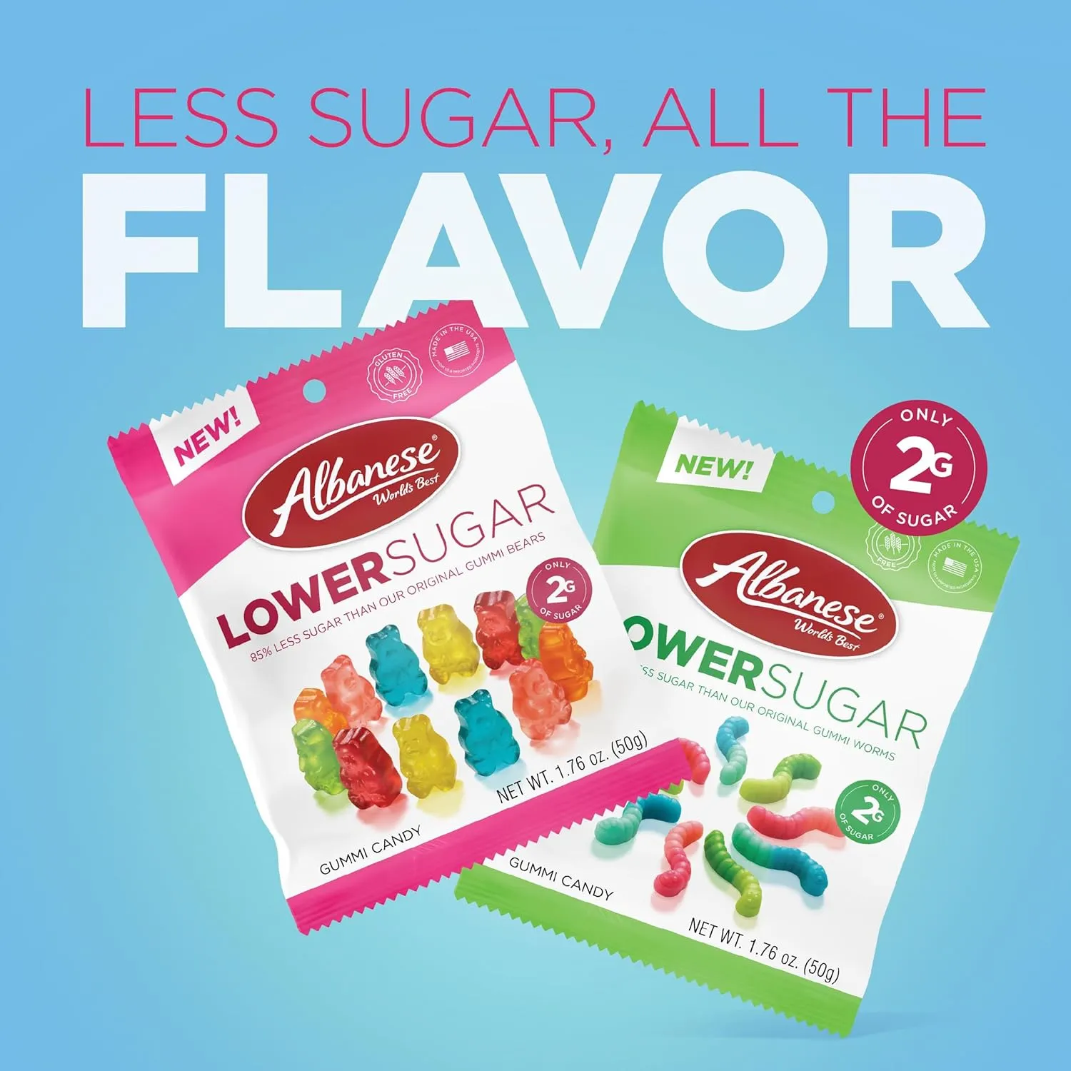 Albanese World's Best Lower Sugar Gummies Variety Pack, 1.76oz Bag of Candy (Pack of 6)