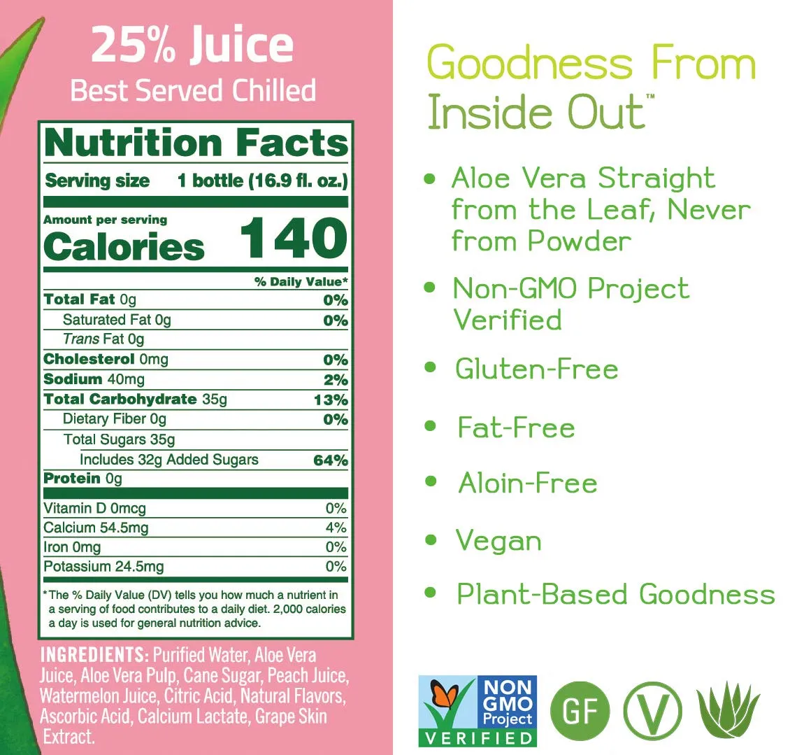 Alo Comfort Watermelon and Peach Aloe Vera Juice Drink, 16.9 Fluid Ounce - 12 per case.