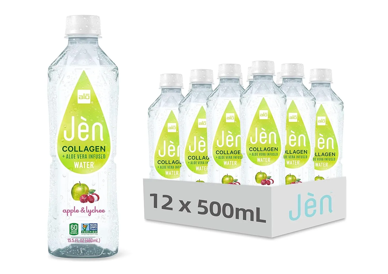 ALO JEN Collagen   Aloe Vera Infused Water, Apple   Lychee | 15.5 fl oz, Pack of 12 | Real Aloe Vera Juice