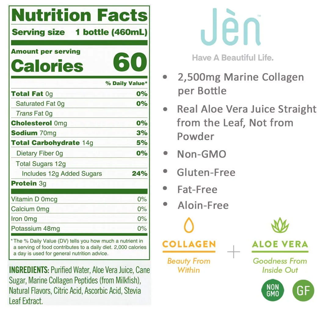 ALO JEN Collagen   Aloe Vera Infused Water, Apple   Lychee | 15.5 fl oz, Pack of 12 | Real Aloe Vera Juice