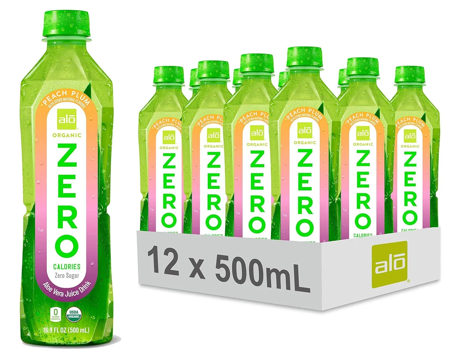 ALO ORGANIC ZERO Aloe Vera Juice, Peach   Plum | 16.9 fl oz, Pack of 12 | Zero Calorie, Aloe Vera Sugar Plant-Based Drink