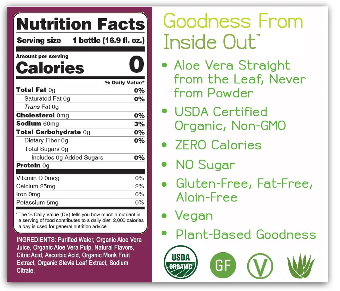ALO ORGANIC ZERO Aloe Vera Juice, Peach   Plum | 16.9 fl oz, Pack of 12 | Zero Calorie, Aloe Vera Sugar Plant-Based Drink