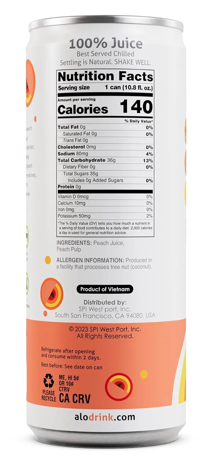 ALO Slim Can Juice, Peach Flavored Juice| 10.82 fl oz, Pack of 12 | Plant-Based Beverage, 100% Natural Juice