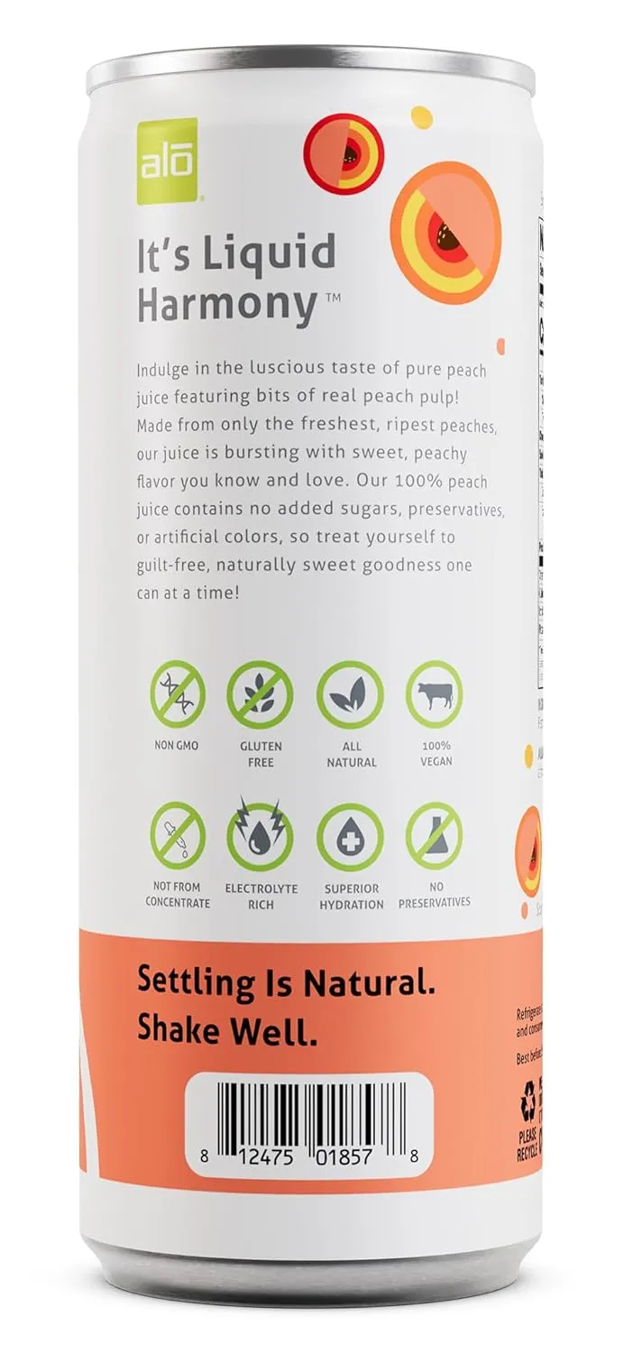 ALO Slim Can Juice, Peach Flavored Juice| 10.82 fl oz, Pack of 12 | Plant-Based Beverage, 100% Natural Juice
