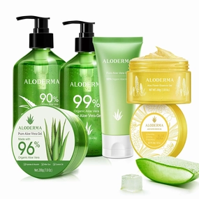 Aloderma Aloe Vera Gel Set 5 Pack - Aloe Flower Essence Gel, Pure Aloe Vera Gel, Aloe Vera Gel   Tea Tree Oil, 200g Aloe Vera Gel, 114g Aloe Gel