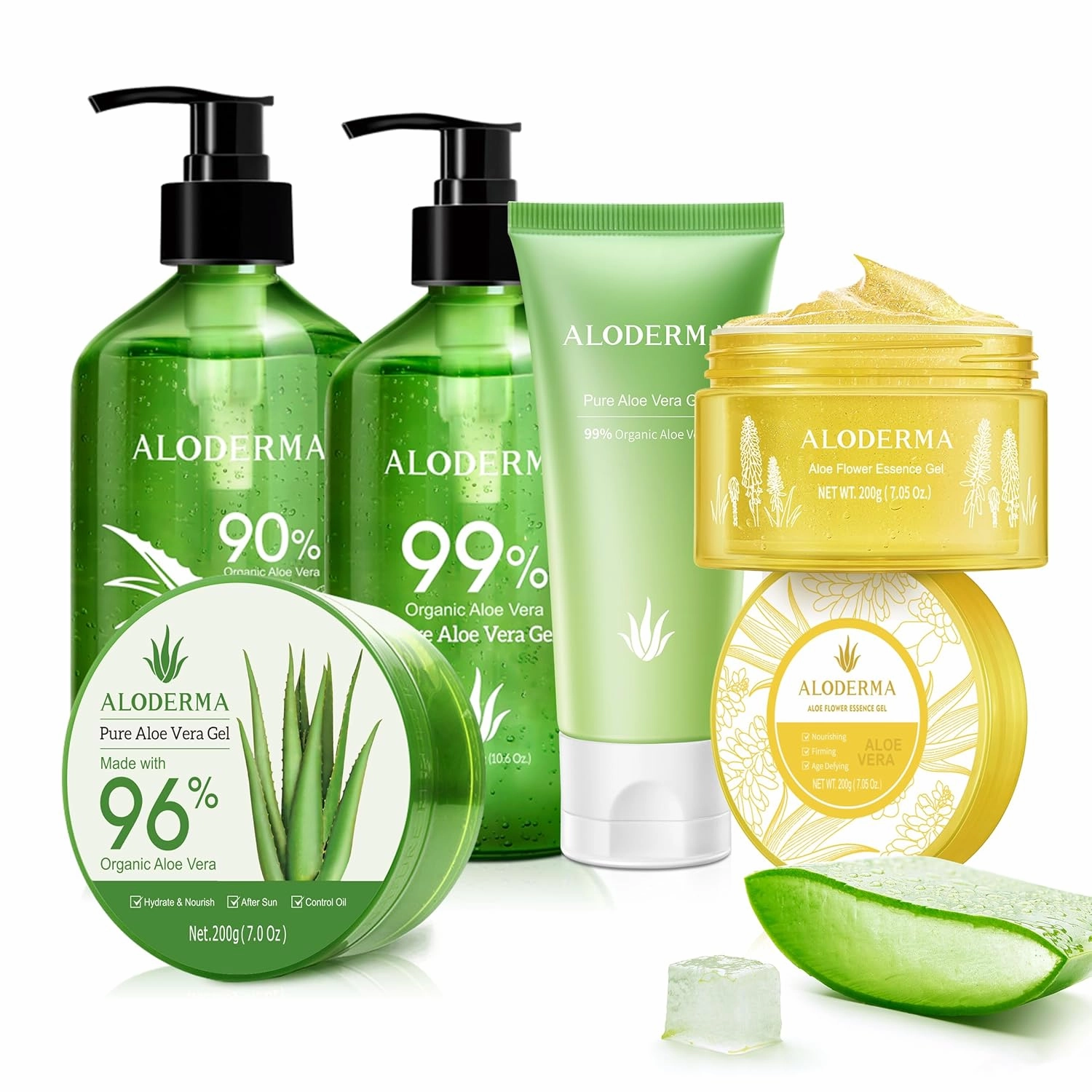 Aloderma Aloe Vera Gel Set 5 Pack - Aloe Flower Essence Gel, Pure Aloe Vera Gel, Aloe Vera Gel   Tea Tree Oil, 200g Aloe Vera Gel, 114g Aloe Gel