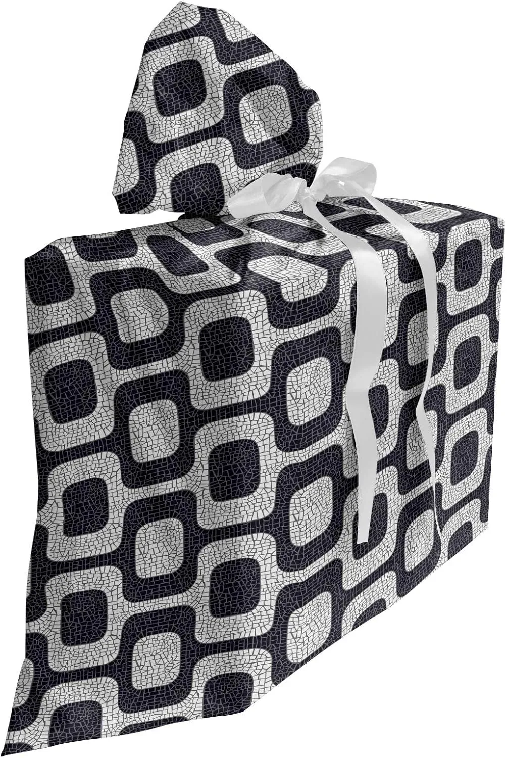 Ambesonne Abstract Fabric Gift Bag, Modern White and Black Wave Pavement Pattern Fractal Looking Mosaic, Present Sack for Parties Birthdays with 3 Ribbons, 27, Black Pale Grey White