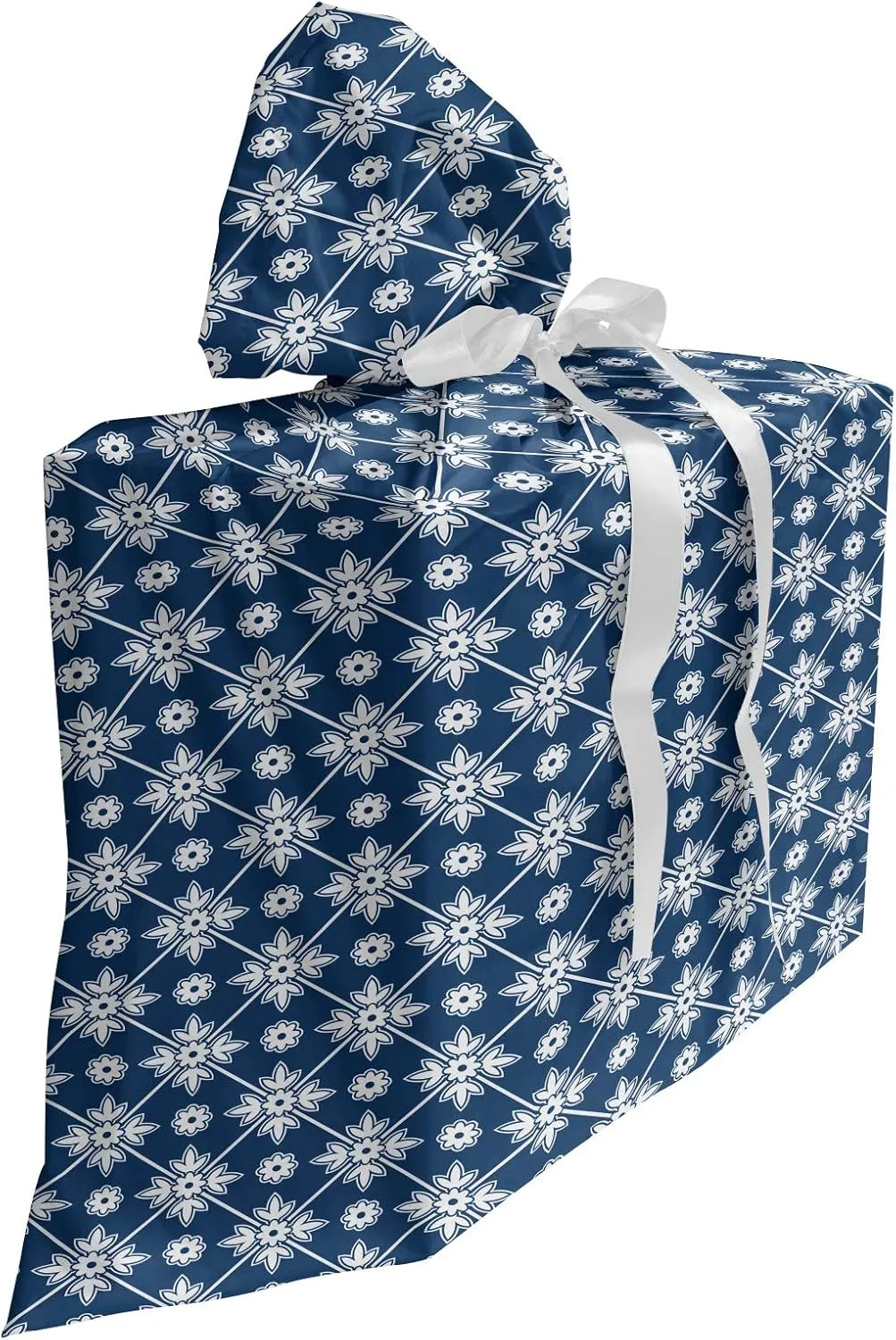 Ambesonne Blue Gift Bag, Checkered Pattern with Abstract Spring Blossoms Folkloric Holland Cultural Pattern, Fabric Party Favor Pouch with 3 Ribbons, 27, Blue White