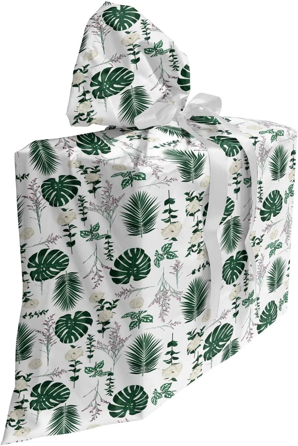 Ambesonne Botanical Fabric Gift Bag, Tropic Plants Monstera Leaf Lavender Branch Carnation Wild Herbs, Present Sack for Parties Birthdays with 3 Ribbons, 27, Hunter Green and Dried Rose