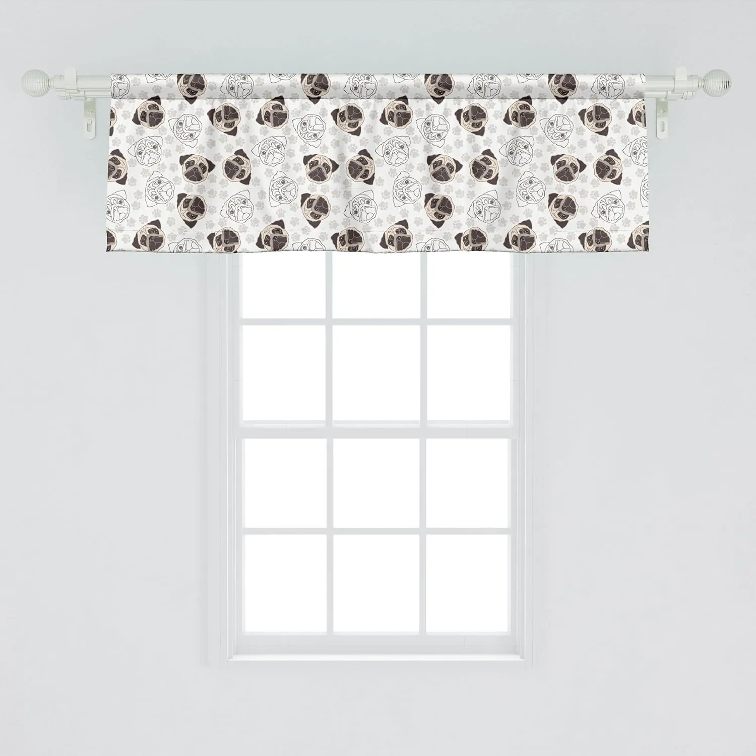 Ambesonne Dog Window Valance, Pug Portraits Traces Paw Print Background Canine Pet Illustration Mammal Animal, Curtain Valance for Kitchen Bedroom Decor with Rod Pocket, 54" X 18", Beige Brown