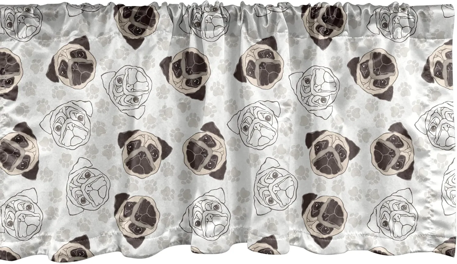 Ambesonne Dog Window Valance, Pug Portraits Traces Paw Print Background Canine Pet Illustration Mammal Animal, Curtain Valance for Kitchen Bedroom Decor with Rod Pocket, 54" X 18", Beige Brown