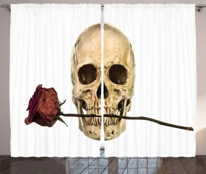 Ambesonne Gothic Curtains, Skull with Dry Red Rose in Teeth Anatomy Death Eye Socket Jawbone Halloween Art, Living Room Bedroom Window Drapes 2 Panel Set, 108" X 84", Beige White