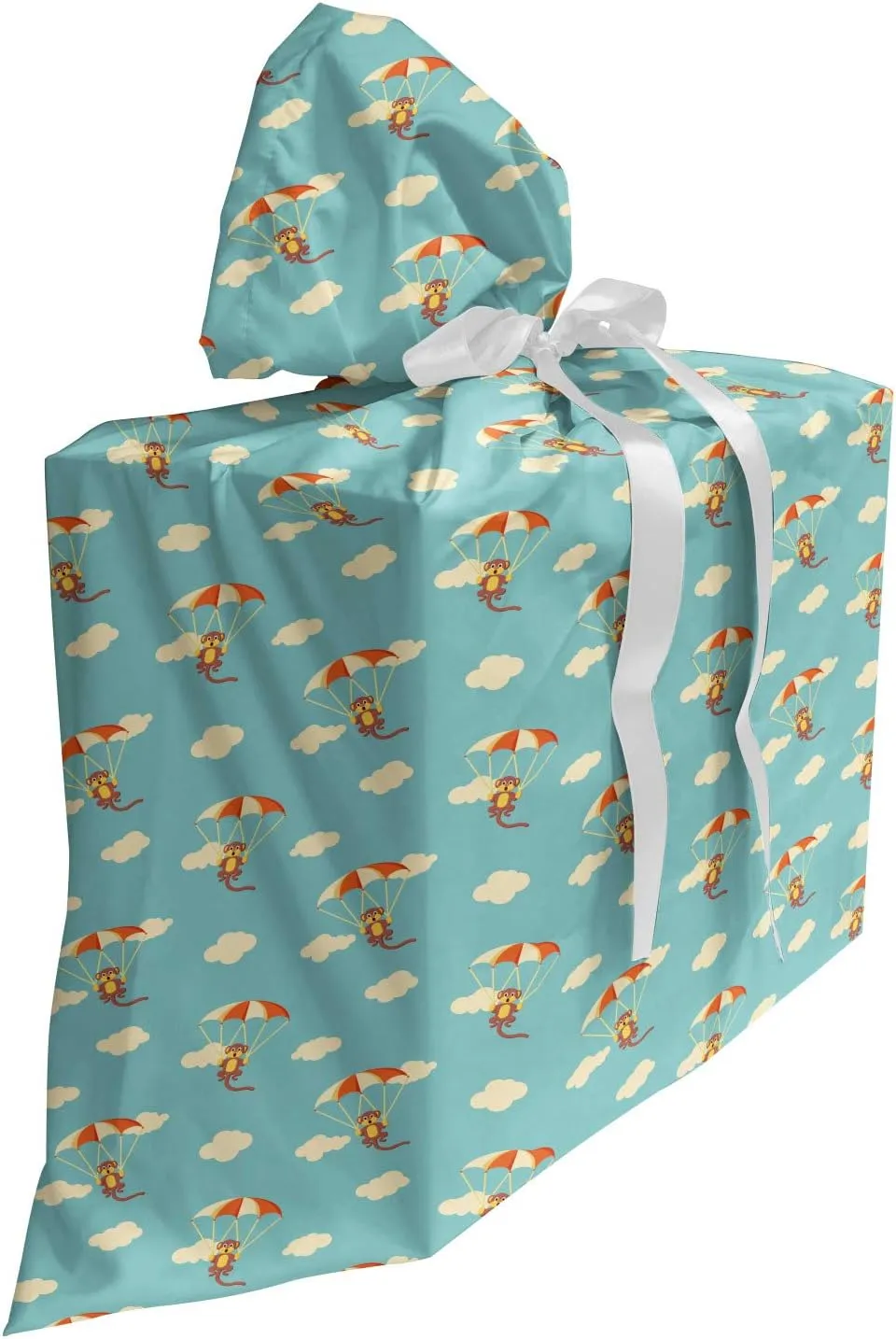 Ambesonne Monkey Gift Bag, Rhythmic Monkeys Along Parachutes on Pastel Tone Colored Backdrop, Fabric Party Favor Pouch with 3 Ribbons, 27, Eggshell and Burnt Sienna