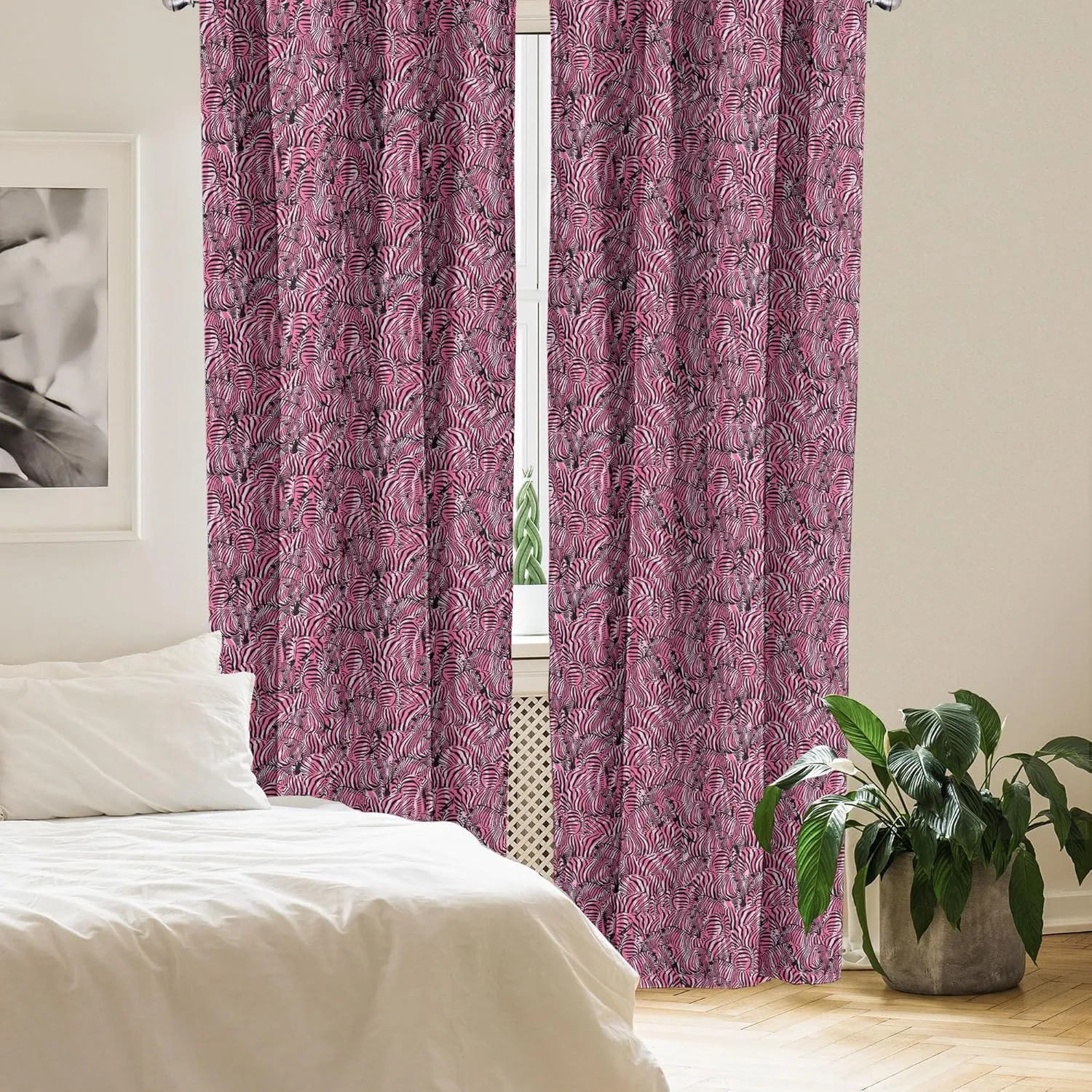 Ambesonne Pink Zebra Curtains, Bunch of Zebra Forming Contemporary Prehistoric Pattern Illustration, Window Treatments 2 Panel Set for Living Room Bedroom, Pair of - 28" x 84", Black