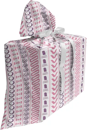 Ambesonne Striped Fabric Gift Bag, Prehistoric Shapes with Flowers Circles Folk Culture Inspired Trippy Motif, Present Sack for Parties Birthdays with 3 Ribbons, 27, Pink Purple