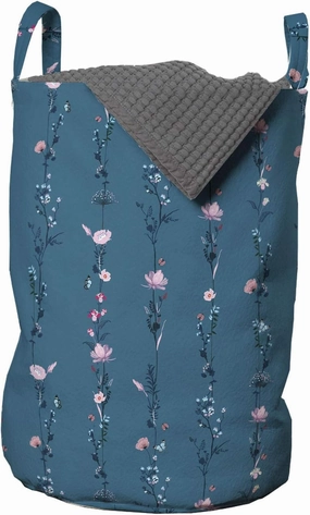 Ambesonne Floral Laundry Bag, Rhythmic Delicate Print Flowers and Leaves, Hamper Basket with Handles Drawstring Closure for Laundromats, 13" x 19", Dark Turquoise Pale Pink