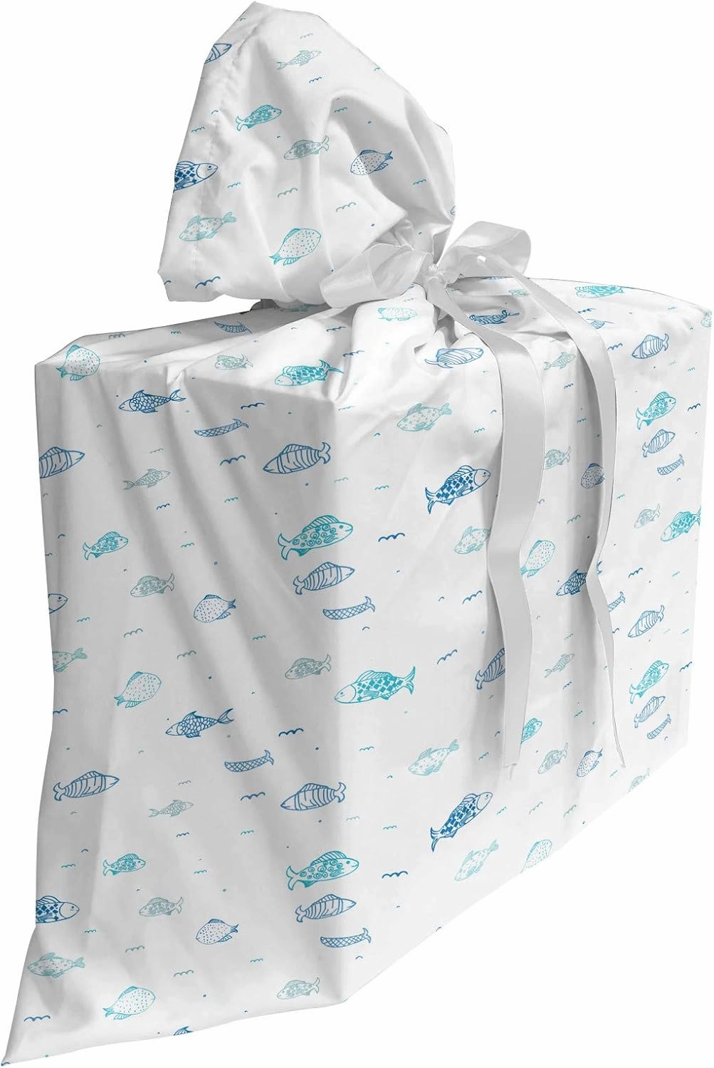 Ambesonne Nautical Gift Bag, Marine Theme Fish Colony in Style Underwater Life Simple Monochrome, Fabric Party Favor Pouch with 3 Ribbons, 27, Sky Blue White