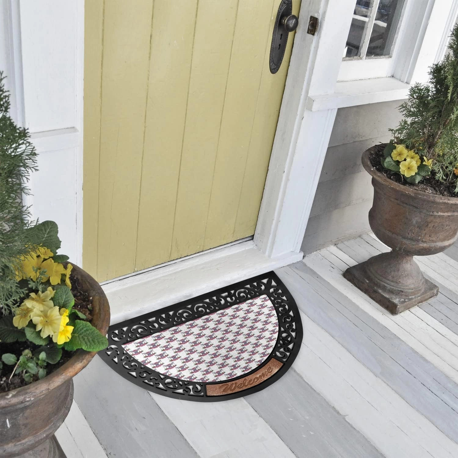 Ambesonne Tattoo Doormat, Deer Heads with Accessories Hanging from Its Antlers and Pink Peony Flowers, Semi Circle Entryway Welcome Mat for Front & Backard 2 Pieces, 19.6" x 31.4", Mauve Coral Green