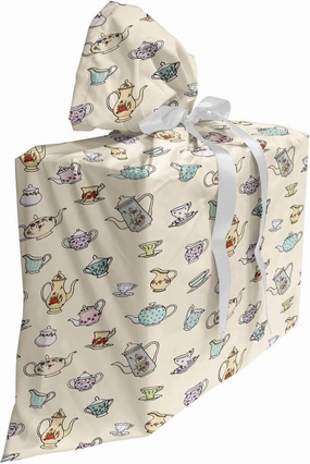 Ambesonne Tea Party Fabric Gift Bag, Vintage Teapots and Cups with Colorful Floral Motifs Traditional Midday Break, Present Sack for Parties Birthdays with 3 Ribbons, 27, Multicolor