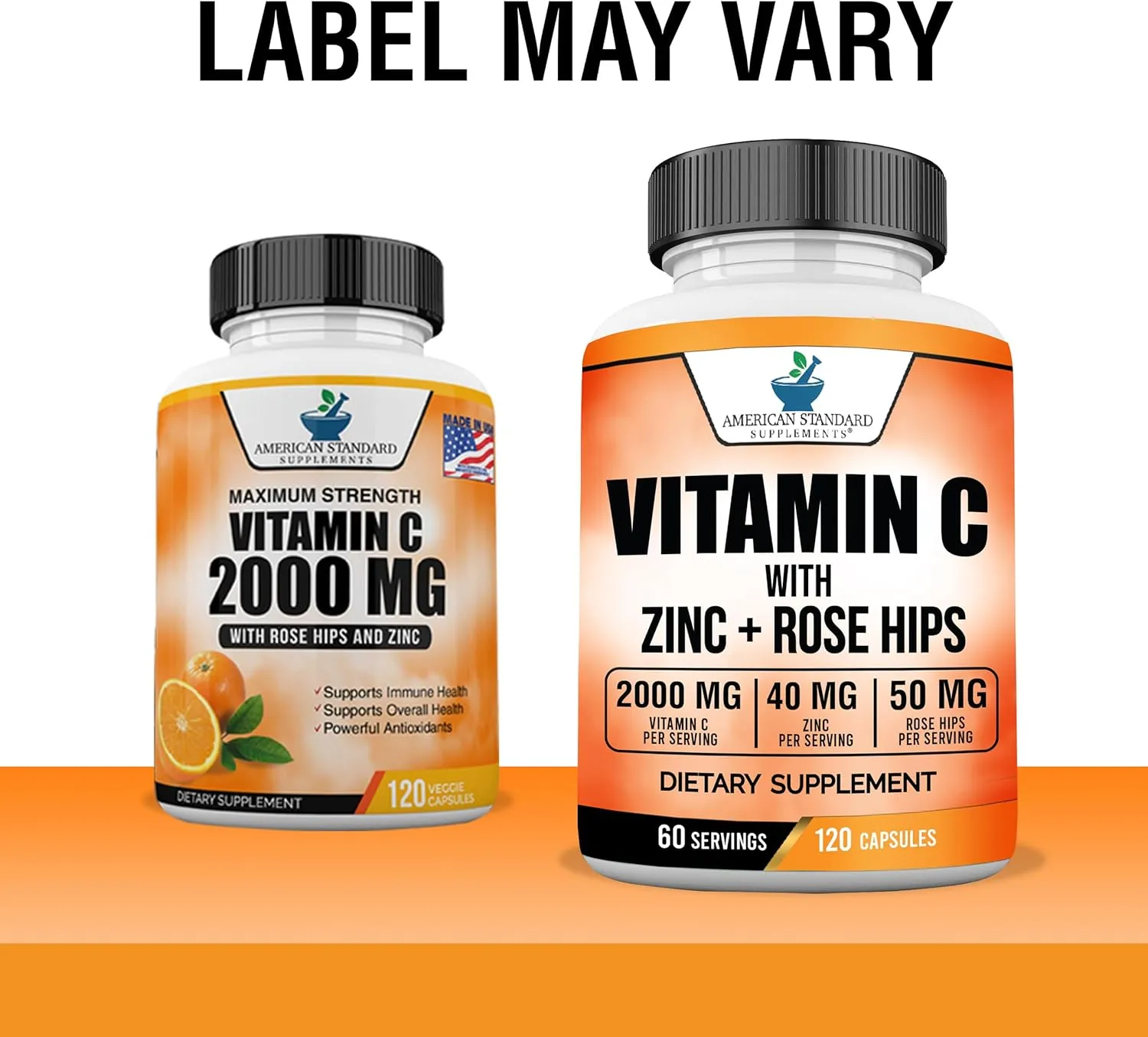 American Standard Supplements Vitamin C 2000mg, Zinc 40mg, and Rose HIPS 50mg Per Serving – Vegan, Gluten Free, Non-GMO (120 Count)