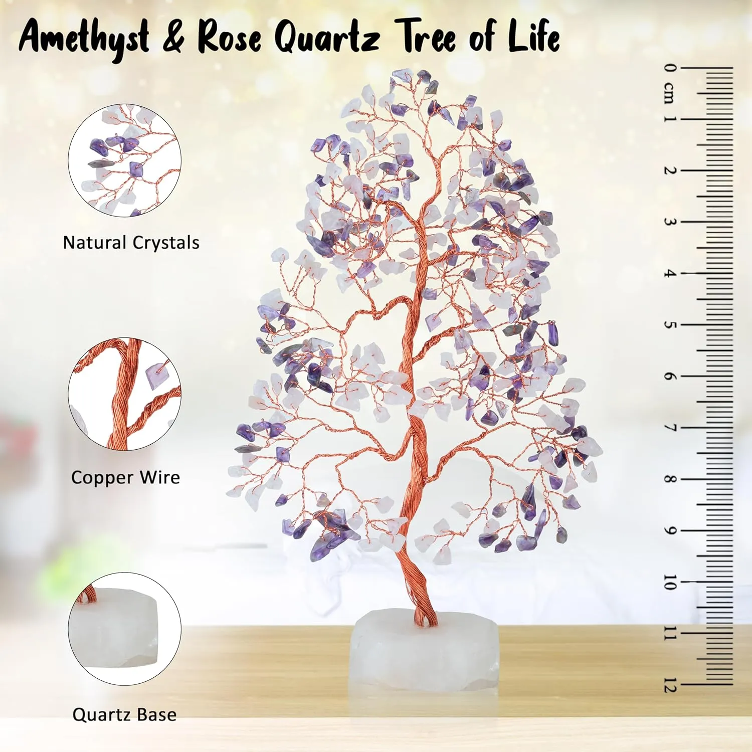 Amethyst & Rose Quartz Crystal Tree of Life - Handmade Gemstone Chakra Tree on Natural Quartz Base - Feng Shui Money Bonsai - Crystal Decoration, Healing Crystal, Spiritual Gift