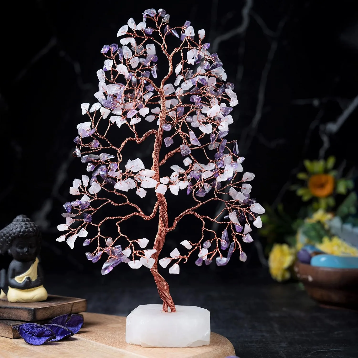 Amethyst & Rose Quartz Crystal Tree of Life - Handmade Gemstone Chakra Tree on Natural Quartz Base - Feng Shui Money Bonsai - Crystal Decoration, Healing Crystal, Spiritual Gift