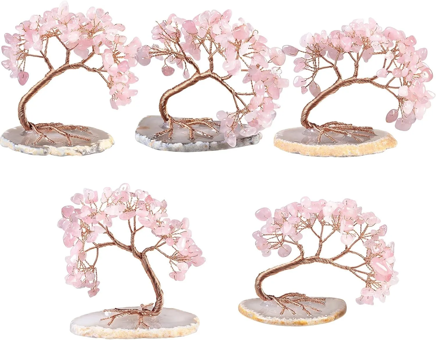 Amogeeli Rose Quartz Crystal Copper Money Tree with Natural Agate Slice Base, Fengshui Bonsai Tree Decor for Luck & Wealth