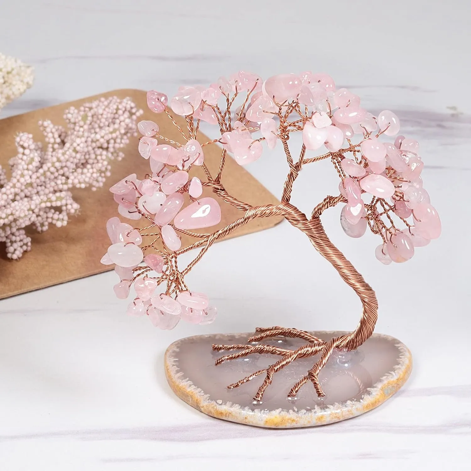 Amogeeli Rose Quartz Crystal Copper Money Tree with Natural Agate Slice Base, Fengshui Bonsai Tree Decor for Luck & Wealth