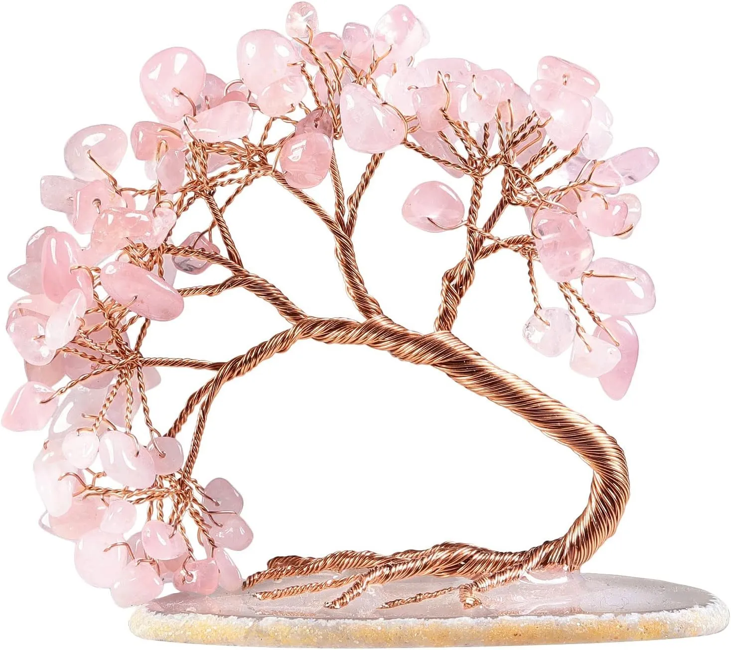Amogeeli Rose Quartz Crystal Copper Money Tree with Natural Agate Slice Base, Fengshui Bonsai Tree Decor for Luck & Wealth