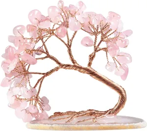 Amogeeli Rose Quartz Crystal Copper Money Tree with Natural Agate Slice Base, Fengshui Bonsai Tree Decor for Luck & Wealth