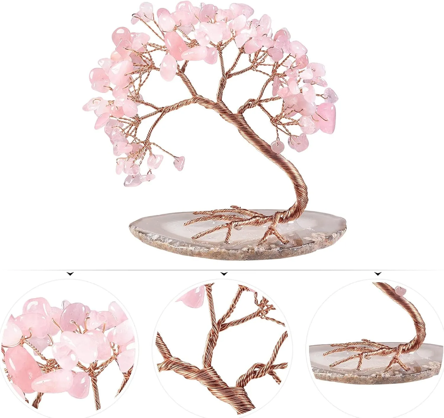 Amogeeli Rose Quartz Crystal Copper Money Tree with Natural Agate Slice Base, Fengshui Bonsai Tree Decor for Luck & Wealth