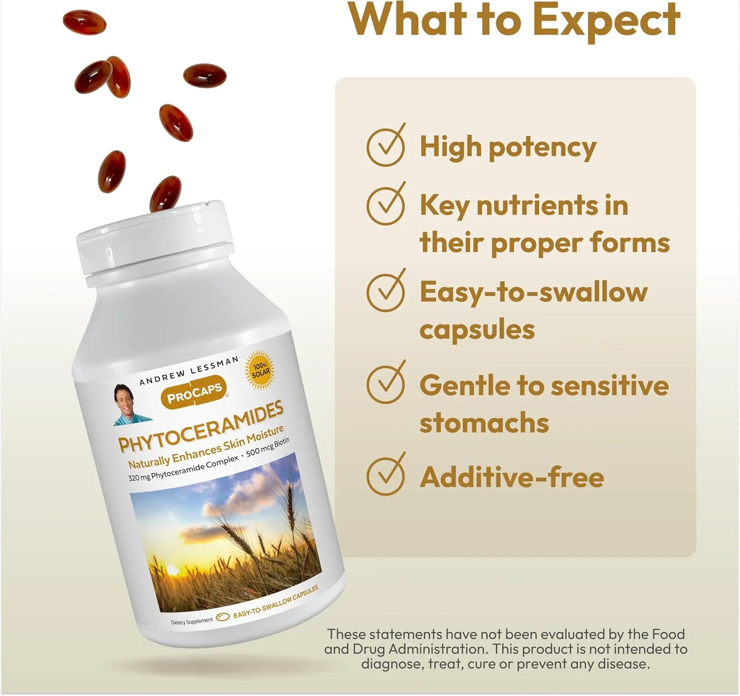 ANDREW LESSMAN Phytoceramides with Biotin 60 Softgels - Skin’s Vital Natural Internal Moisturizer. Naturally Enhances Soft, Smooth, Radiant Skin. No Additives. Small Easy to Swallow Softgels