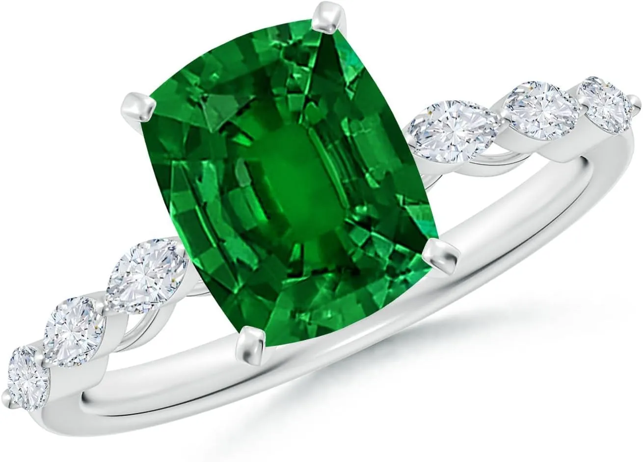 Angara Cushion Rectangular Lab Grown Emerald Engagement Ring with Marquise Diamonds in 14K Solid Gold/Platinum | Birthday, Anniversary, Wedding Jewelry Gift for Women