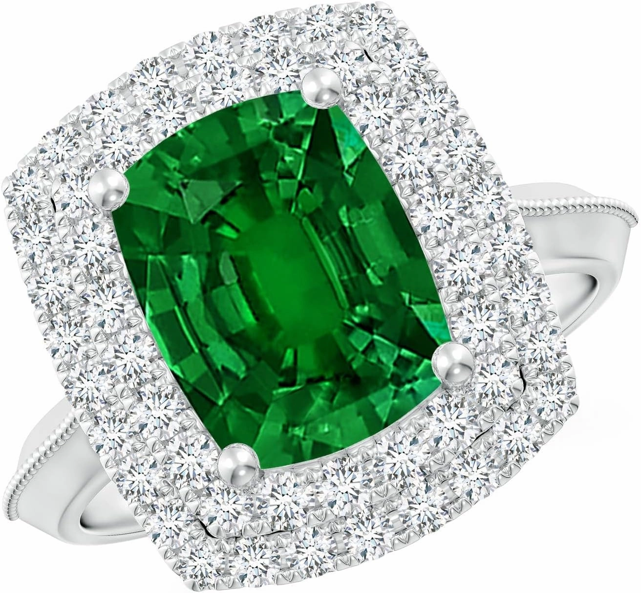 Angara Lab Grown Vintage Inspired Cushion Rectangular Emerald Double Halo Engagement Ring in 14K Solid Gold/Platinum | Birthday, Anniversary, Wedding Jewelry Gift for Women