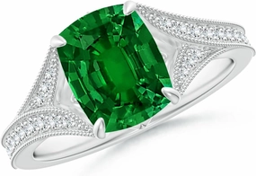 Angara Lab Grown Vintage Inspired Cushion Rectangular Emerald Split Shank Engagement Ring in 14K Solid Gold/Platinum | Birthday, Anniversary, Wedding Jewelry Gift for Women