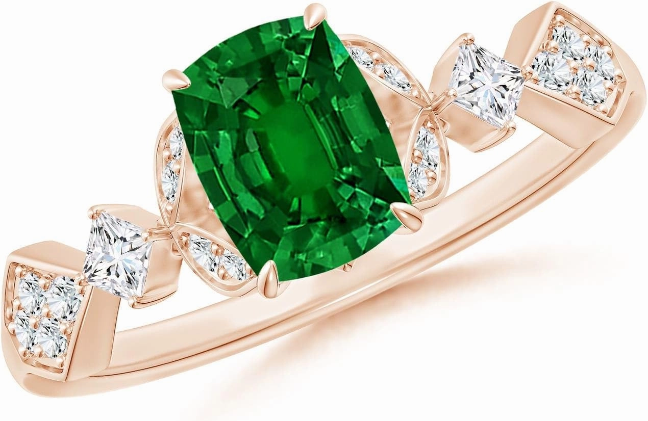 Angara Lab Grown Vintage Style Cushion Rectangular Emerald Engagement Ring with Leaf Motifs in 14K Solid Gold/Platinum | Birthday, Anniversary, Wedding Jewelry Gift for Women