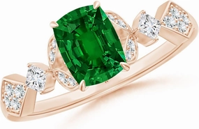 Angara Lab Grown Vintage Style Cushion Rectangular Emerald Engagement Ring with Leaf Motifs in 14K Solid Gold/Platinum | Birthday, Anniversary, Wedding Jewelry Gift for Women
