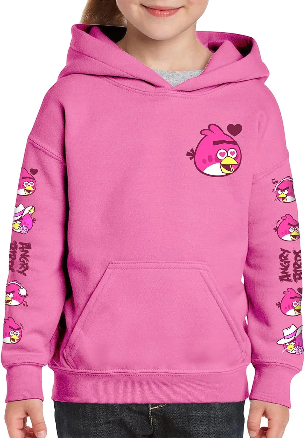 ANGRY BIRDS Official Love Bird Pink Valentine's Day Hearts Youth Hooded Fleece Pullover Sweatshirt for Girls, Boys, Unisex