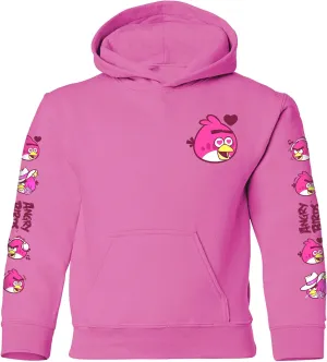 ANGRY BIRDS Official Love Bird Pink Valentine's Day Hearts Youth Hooded Fleece Pullover Sweatshirt for Girls, Boys, Unisex