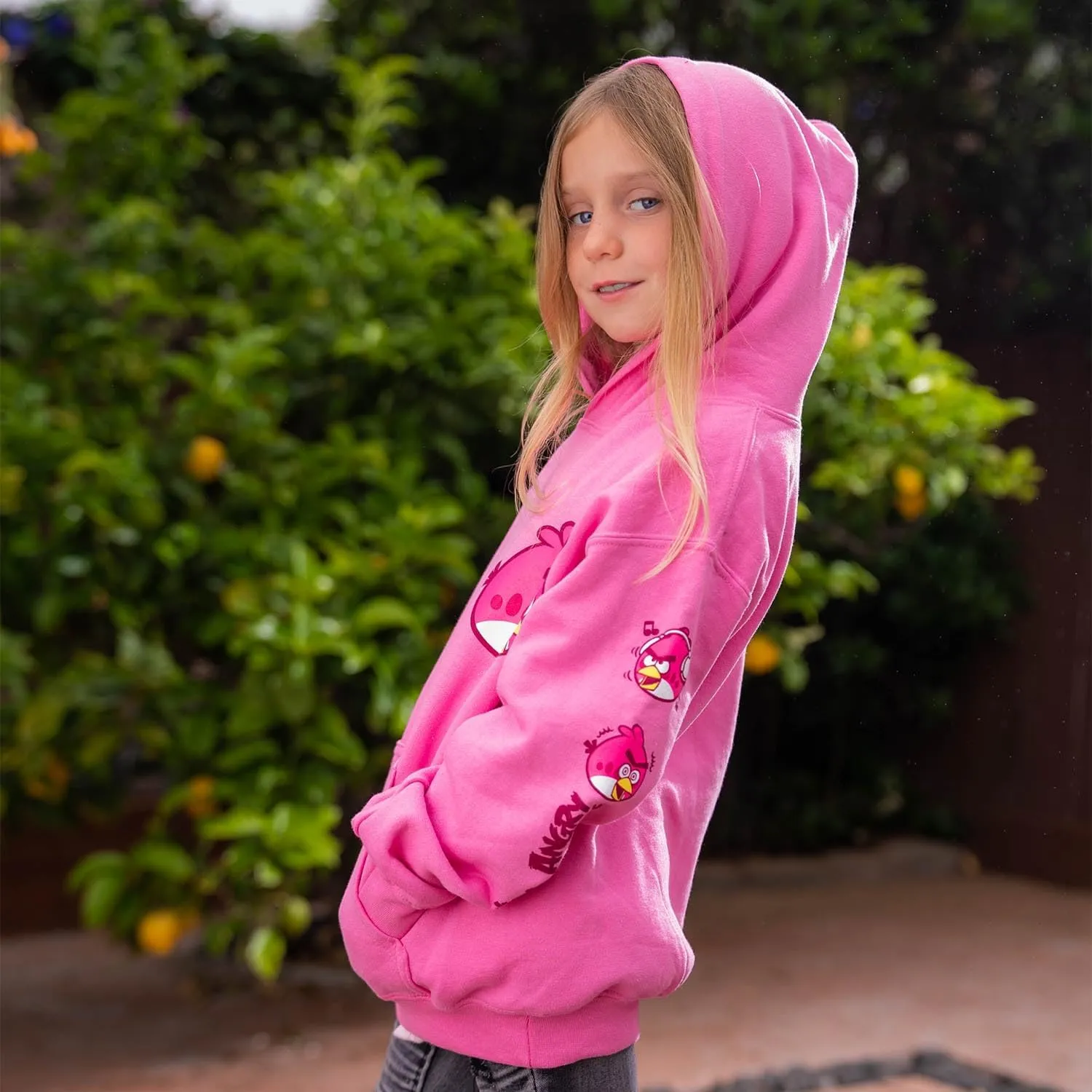 ANGRY BIRDS Official Love Bird Pink Valentine's Day Hearts Youth Hooded Fleece Pullover Sweatshirt for Girls, Boys, Unisex