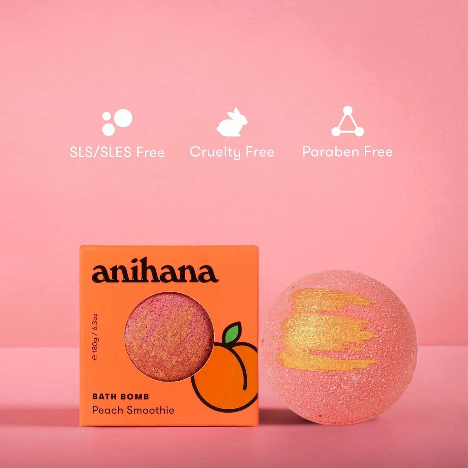ANIHANA Bath Bombs with Coconut Oil, Paraben Free, Hand-Crafted Luxury Fizzers, Refreshing Peach Smoothie Scent, 6.3 oz Each, 3 Pack