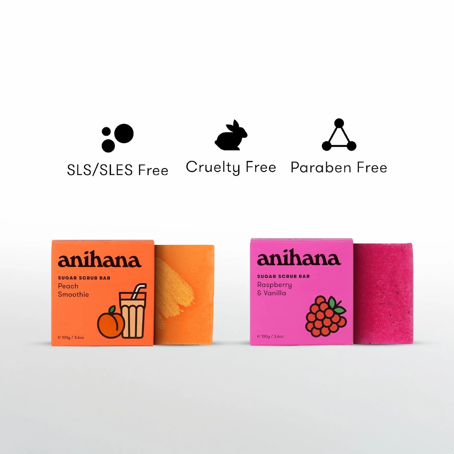 ANIHANA Sugar Scrub Soap Bars 4 Pack with Coconut Oil, Moisturizing, Exfoliating Body Scrub, Refreshing Raspberry Vanilla and Peach Smoothie Scents 3.6 Oz each