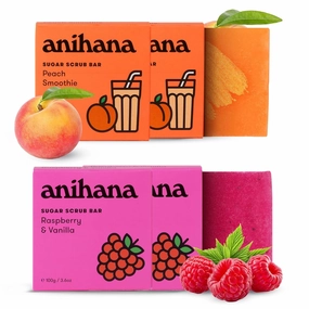 ANIHANA Sugar Scrub Soap Bars 4 Pack with Coconut Oil, Moisturizing, Exfoliating Body Scrub, Refreshing Raspberry Vanilla and Peach Smoothie Scents 3.6 Oz each
