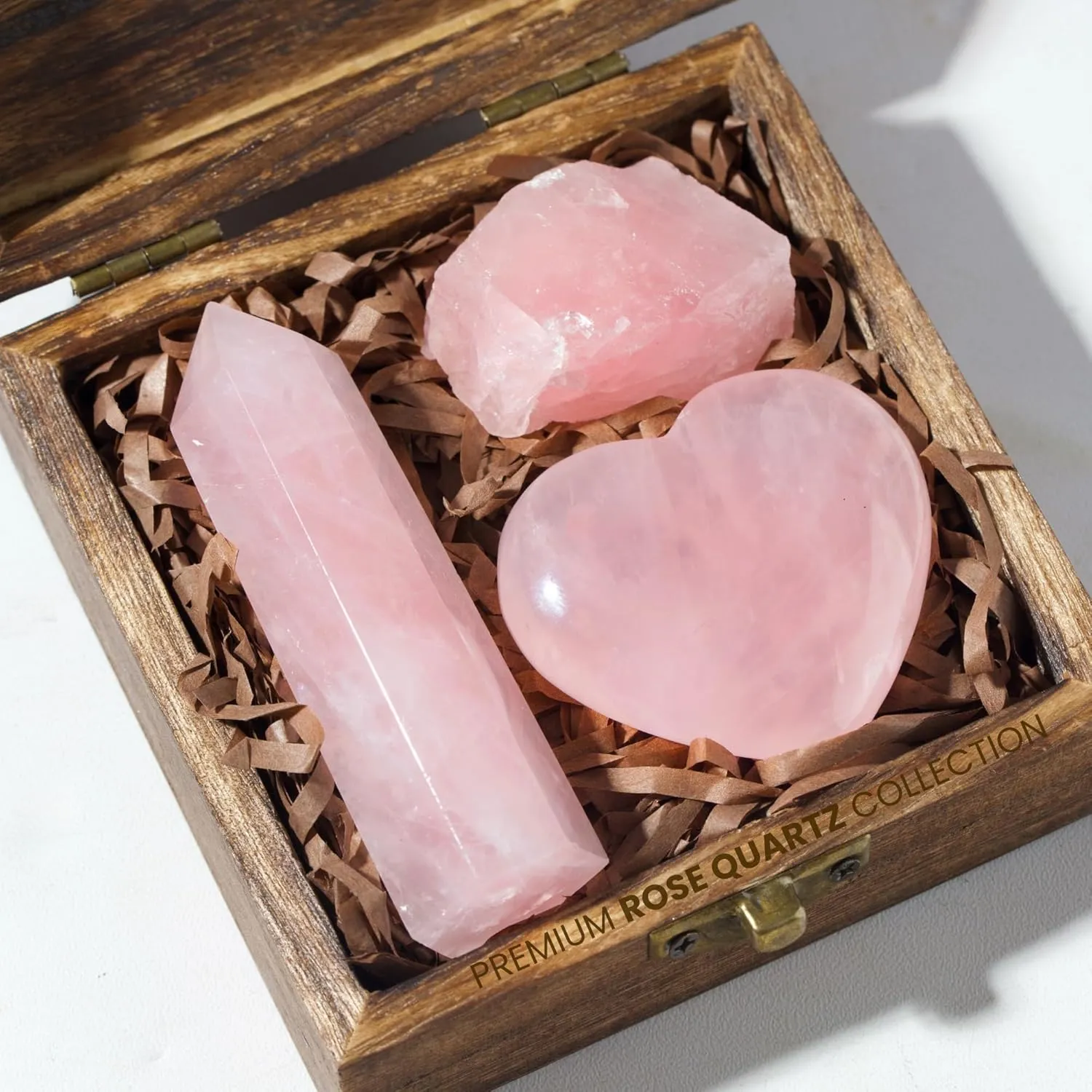 Anima Premium Rose Quartz Crystal Set – Rose Quartz Tower, Heart, and Raw Crystal – Large Crystals and Healing Stones in Wooden Box - Ideal Spiritual Gifts for Women - Love and Emotional Balance