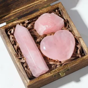 Anima Premium Rose Quartz Crystal Set – Rose Quartz Tower, Heart, and Raw Crystal – Large Crystals and Healing Stones in Wooden Box - Ideal Spiritual Gifts for Women - Love and Emotional Balance