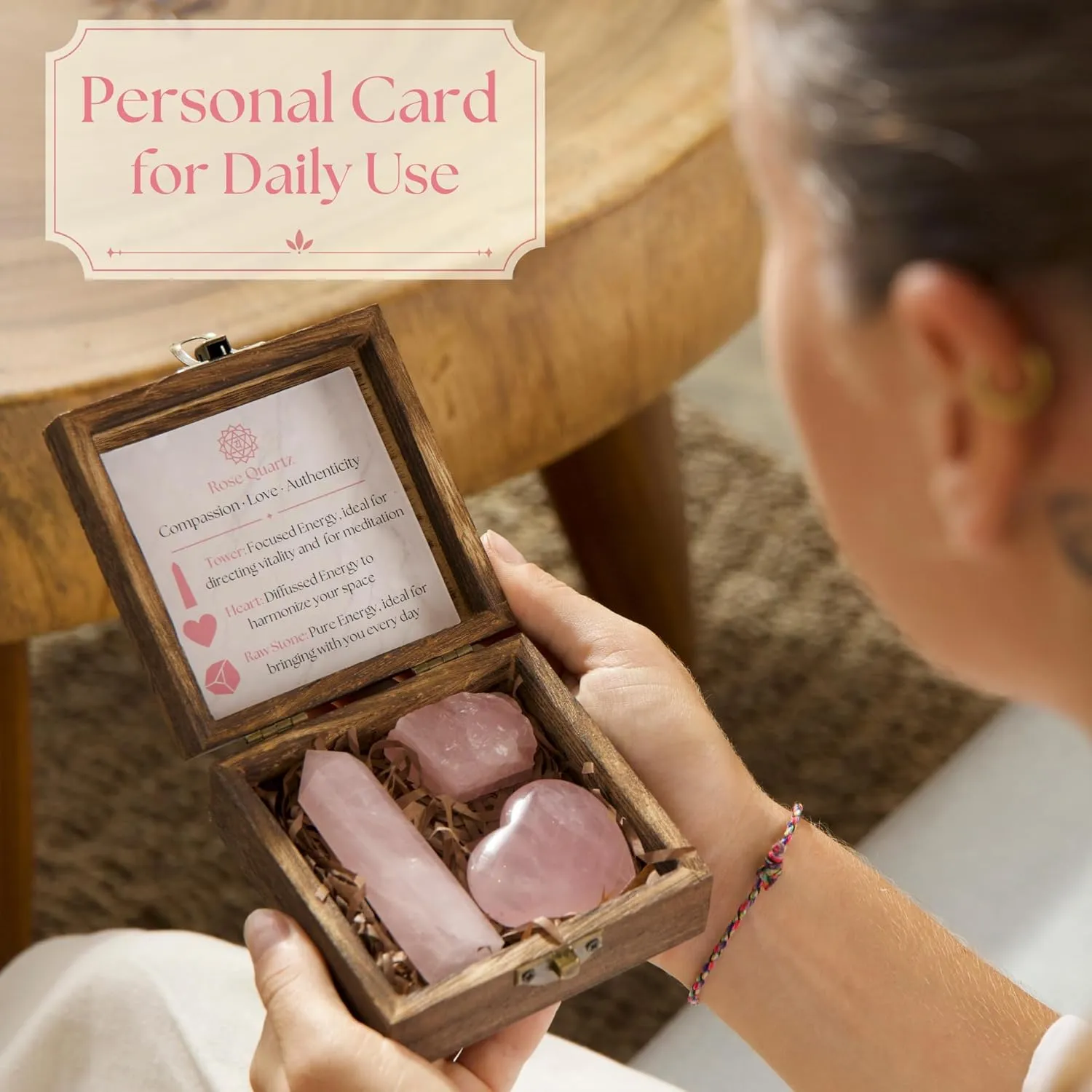Anima Premium Rose Quartz Crystal Set – Rose Quartz Tower, Heart, and Raw Crystal – Large Crystals and Healing Stones in Wooden Box - Ideal Spiritual Gifts for Women - Love and Emotional Balance